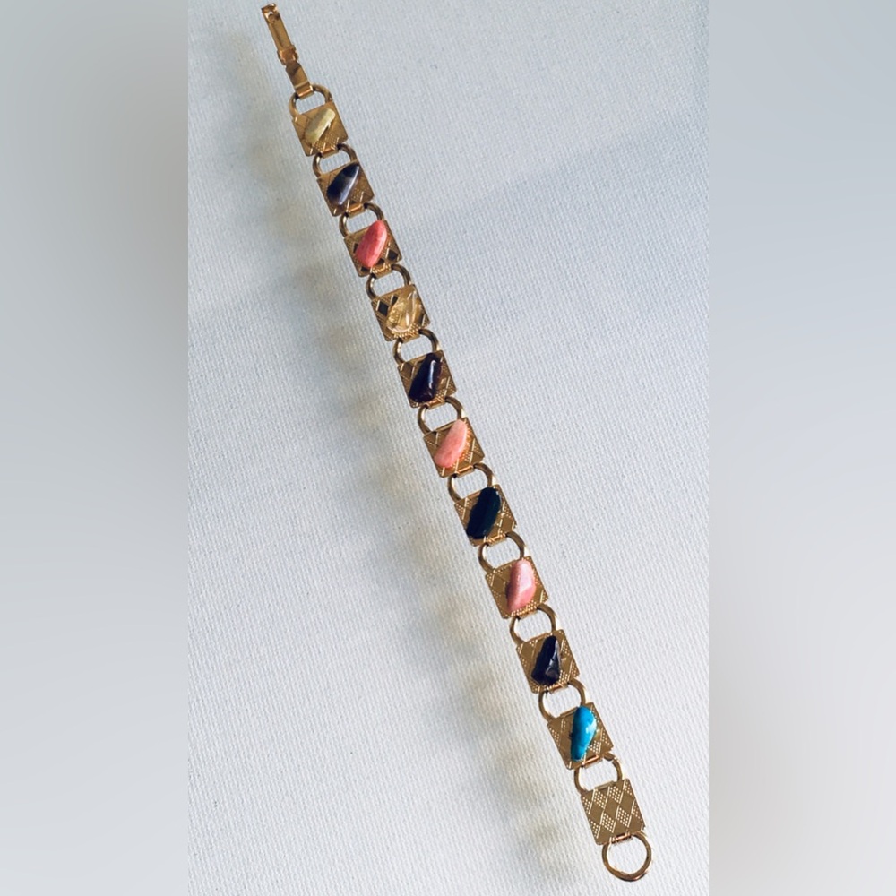 Vintage Natural Tumbled Semi-Precious Gemstone Gold Tone Metal Link Bracelet